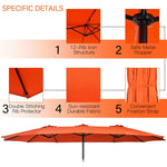 15FT Double-Sided Patio Umbrella Extra Large Outdoor Twin Market Umbrella with Crank Handle & Umbrella Base