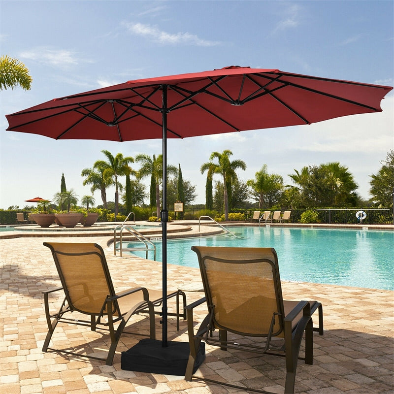 15FT Double-Sided Patio Umbrella Extra Large Outdoor Twin Market Umbrella with Crank Handle & Umbrella Base