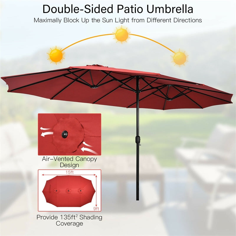 15FT Double-Sided Patio Umbrella Extra Large Outdoor Twin Market Umbrella with Crank Handle & Umbrella Base