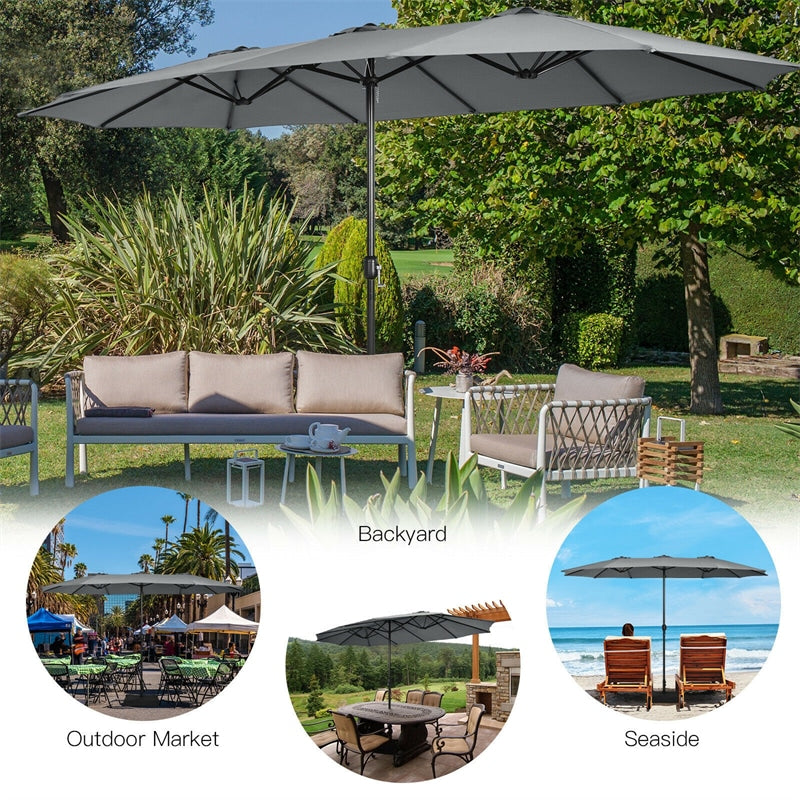 15FT Double-Sided Patio Umbrella Extra Large Outdoor Twin Market Umbrella with Crank Handle & Umbrella Base