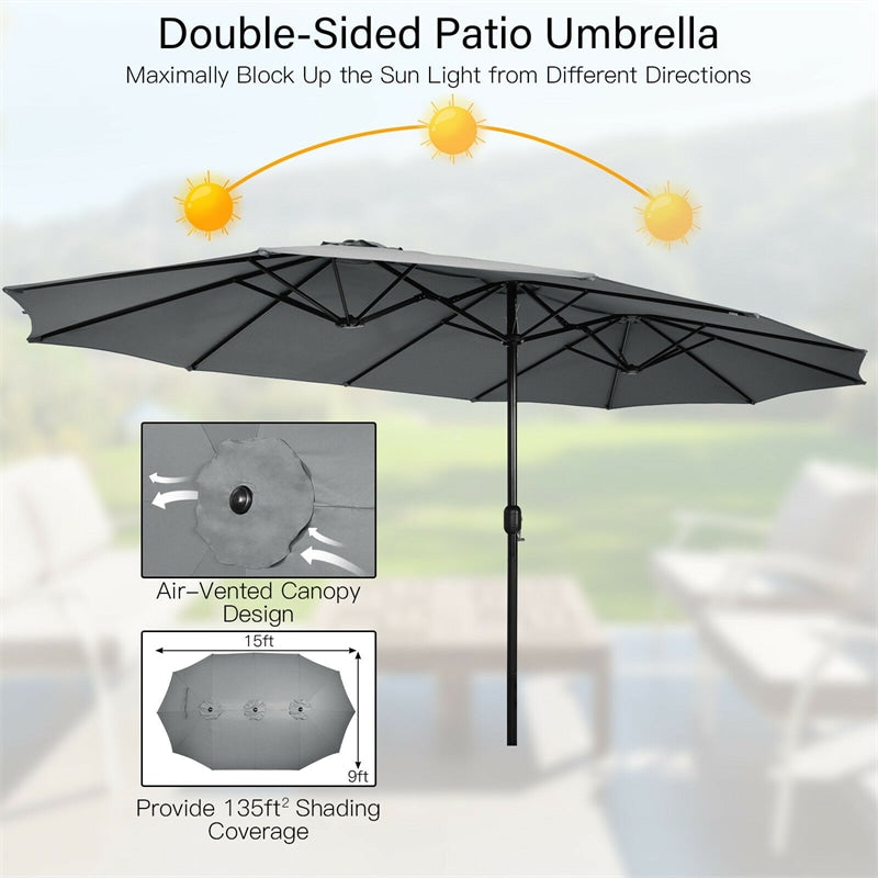 15FT Double-Sided Patio Umbrella Extra Large Outdoor Twin Market Umbrella with Crank Handle & Umbrella Base