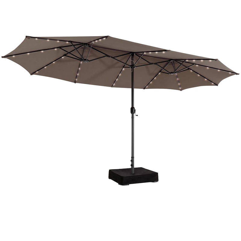 15FT Double-Sided Patio Umbrella Extra Large Outdoor Umbrella with 48 Solar LED Lights & Umbrella Base