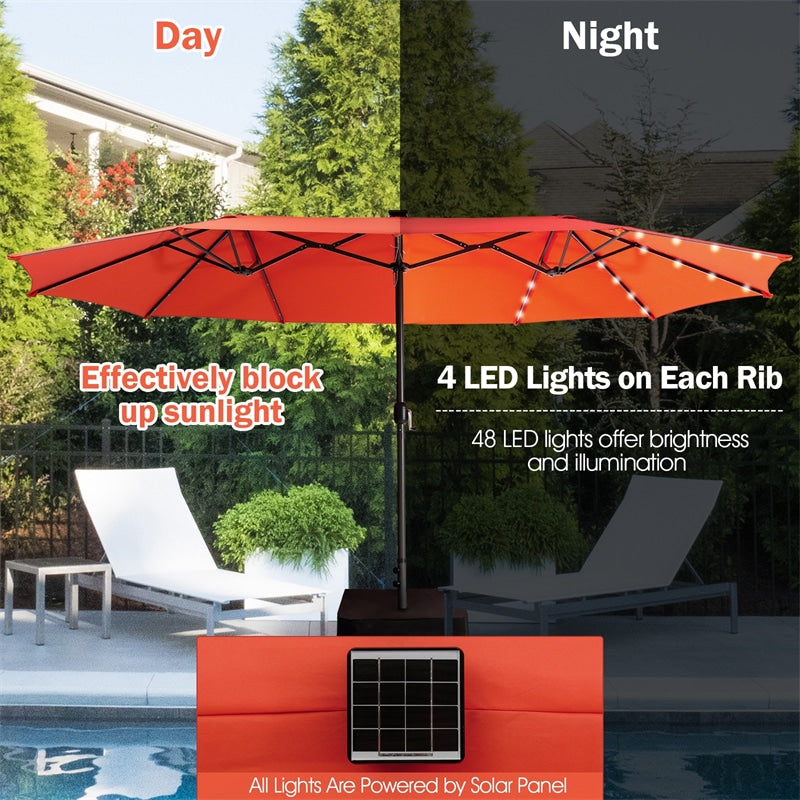 15FT Double-Sided Patio Umbrella Extra Large Outdoor Umbrella with 48 Solar LED Lights & Umbrella Base