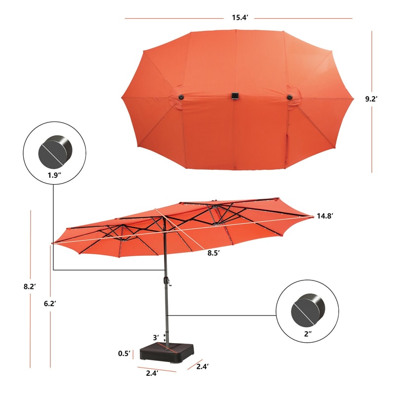 15FT Double-Sided Patio Umbrella Extra Large Outdoor Umbrella with 48 Solar LED Lights & Umbrella Base