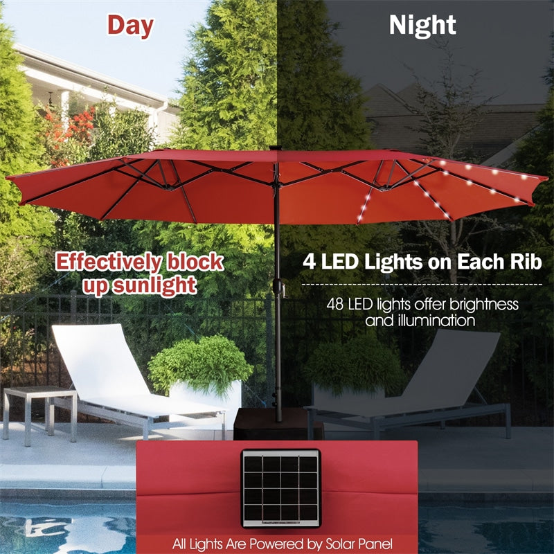 15FT Double-Sided Patio Umbrella Extra Large Outdoor Umbrella with 48 Solar LED Lights & Umbrella Base