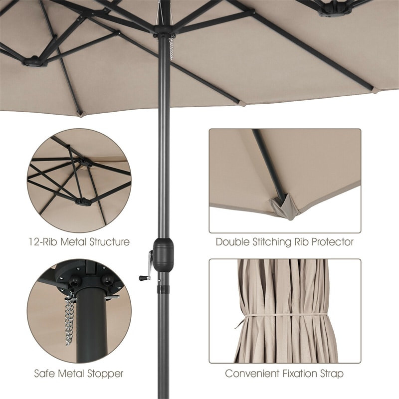 15Ft Double-Sided Patio Umbrella Twin Outdoor Market Umbrella with Hand-Crank