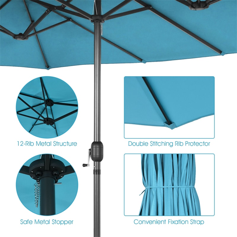 15Ft Double-Sided Patio Umbrella Twin Outdoor Market Umbrella with Hand-Crank