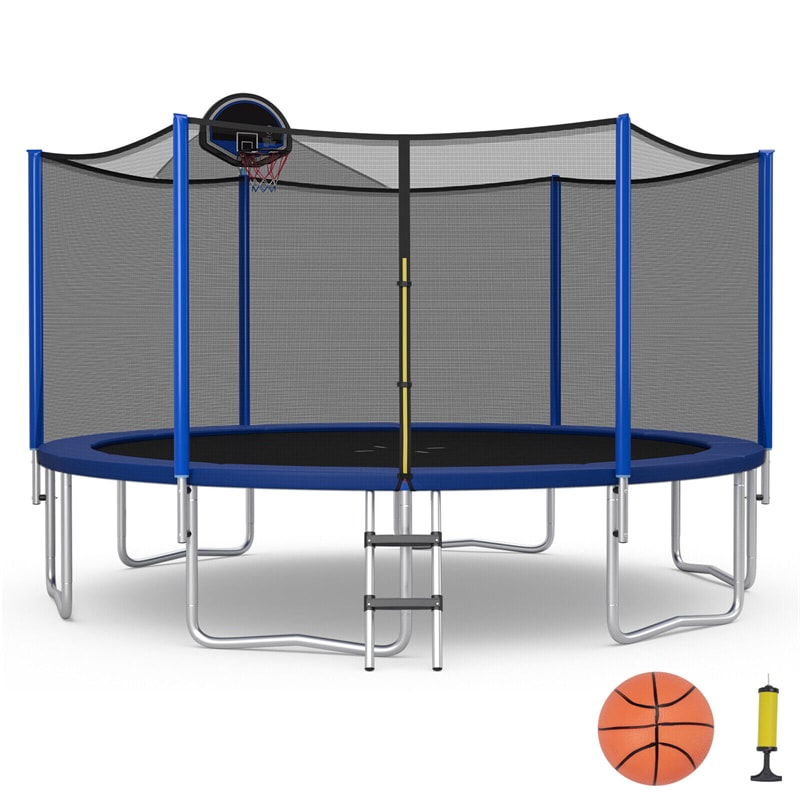 16FT Outdoor Trampoline with Safety Net Enclosure & Basketball Hoop for Kids, ASTM Approved Toddler Backyard Recreational Trampoline with Ballpump