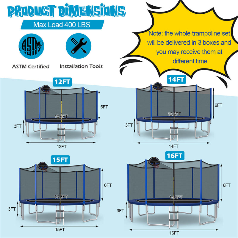 16FT Outdoor Trampoline with Safety Net Enclosure & Basketball Hoop for Kids, ASTM Approved Toddler Backyard Recreational Trampoline with Ballpump