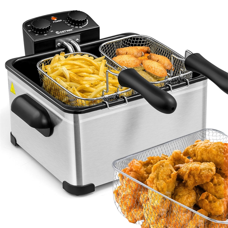 5.3QT/21-Cup Electric Deep Fryer 1700W Stainless Steel Countertop Deep Fryer with Triple Basket & Adjustable Temperature for Kitchen Restaurant