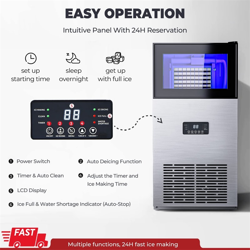 180LBS/24H Commercial Ice Maker Stainless Steel Freestanding Undercounter Ice Machine with Self-Cleaning Function & 35LBS Storage Bin