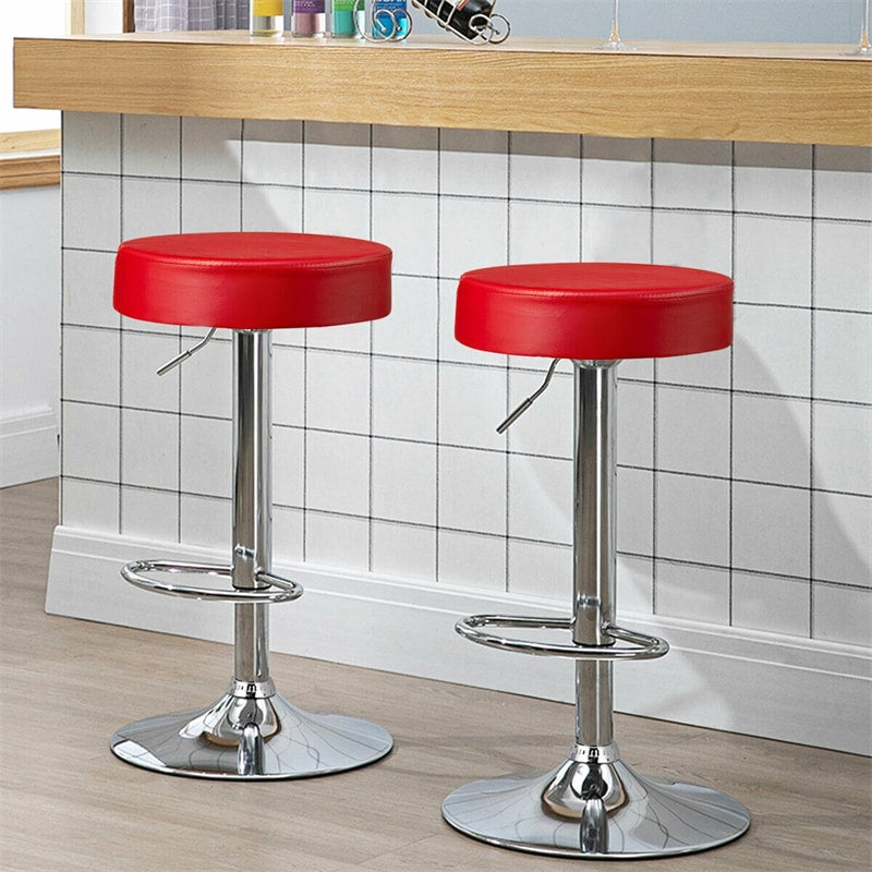 Swivel Bar Stool, Adjustable Modern Backless Round Barstool PU Leather Armless Bar Chair with Chrome Footrest, Metal Frame for Kitchen Dining