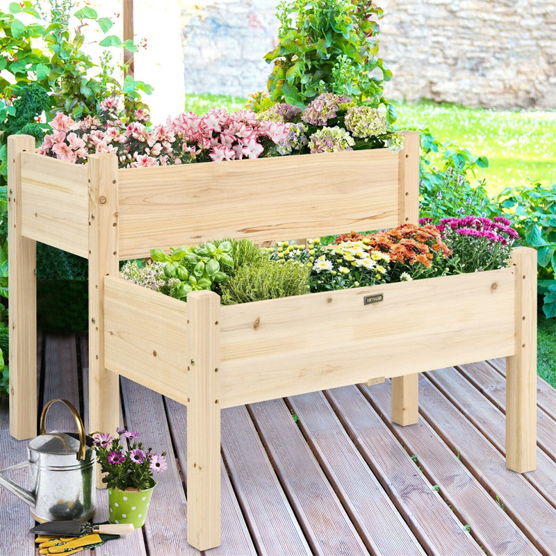 2-Level Wooden Raised Garden Bed Elevated Planter Box with Legs and Drain Holes