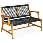 2-Person Patio Acacia Wood Bench Outdoor Loveseat Chair Garden Rope Bench for Balcony Porch