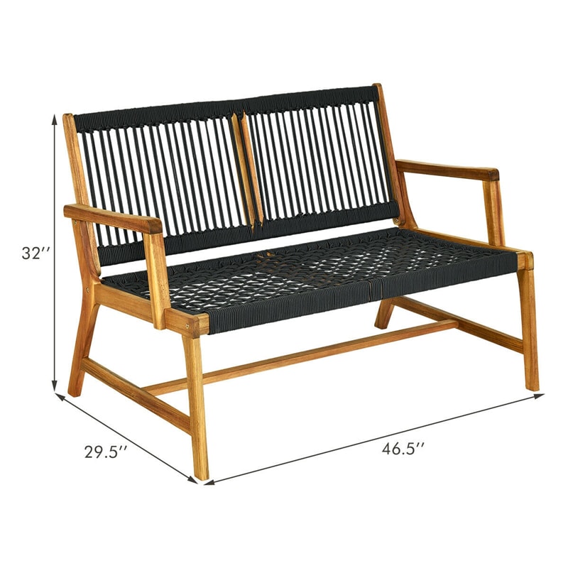 2-Person Patio Acacia Wood Bench Outdoor Loveseat Chair Garden Rope Bench for Balcony Porch