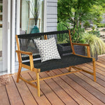 2-Person Patio Acacia Wood Bench Outdoor Loveseat Chair Garden Rope Bench for Balcony Porch