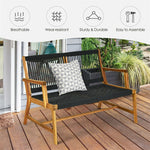 2-Person Patio Acacia Wood Bench Outdoor Loveseat Chair Garden Rope Bench for Balcony Porch