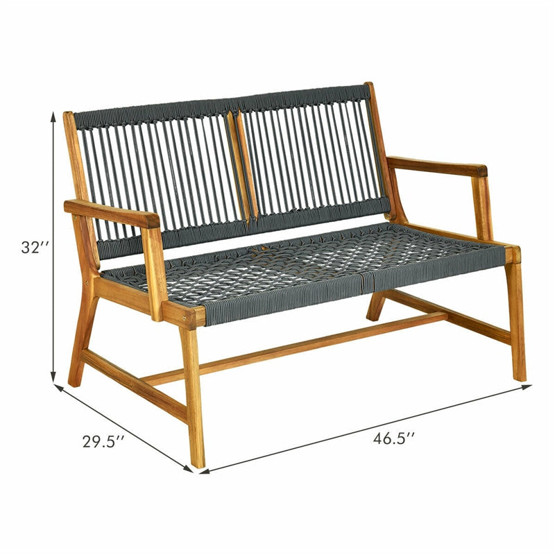 2-Person Patio Acacia Wood Bench Outdoor Loveseat Chair Garden Rope Bench for Balcony Porch