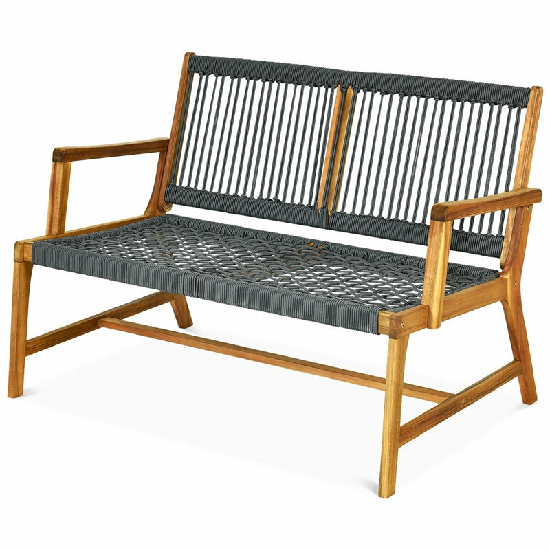 2-Person Patio Acacia Wood Bench Outdoor Loveseat Chair Garden Rope Bench for Balcony Porch