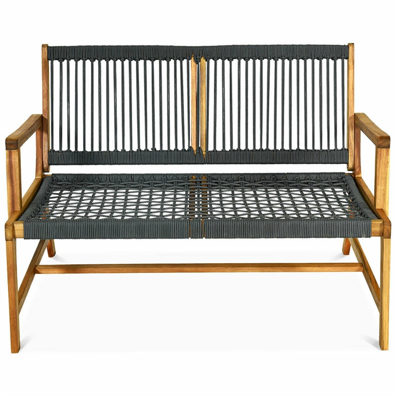 2-Person Patio Acacia Wood Bench Outdoor Loveseat Chair Garden Rope Bench for Balcony Porch