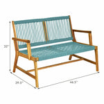 2-Person Patio Acacia Wood Bench Outdoor Loveseat Chair Garden Rope Bench for Balcony Porch