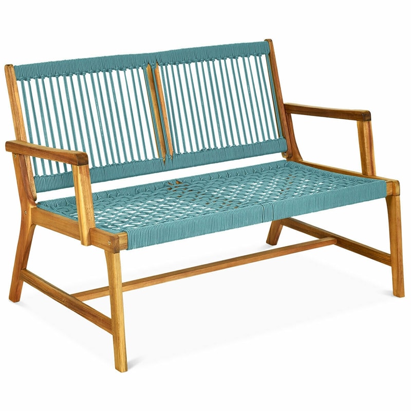 2-Person Patio Acacia Wood Bench Outdoor Loveseat Chair Garden Rope Bench for Balcony Porch