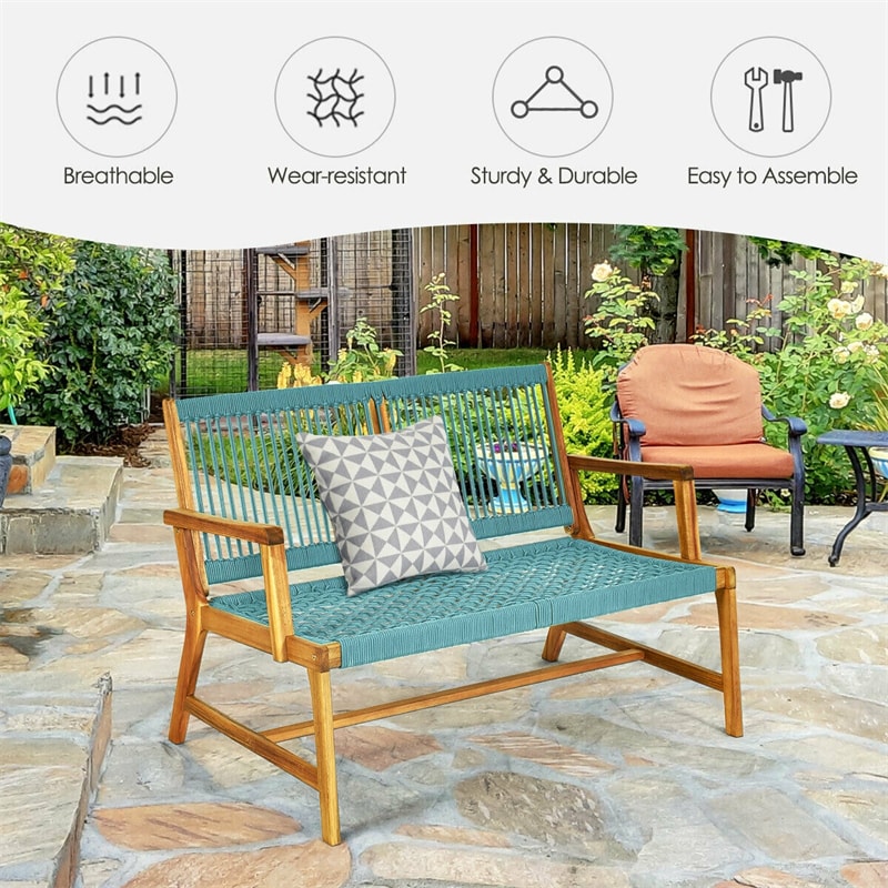 2-Person Patio Acacia Wood Bench Outdoor Loveseat Chair Garden Rope Bench for Balcony Porch