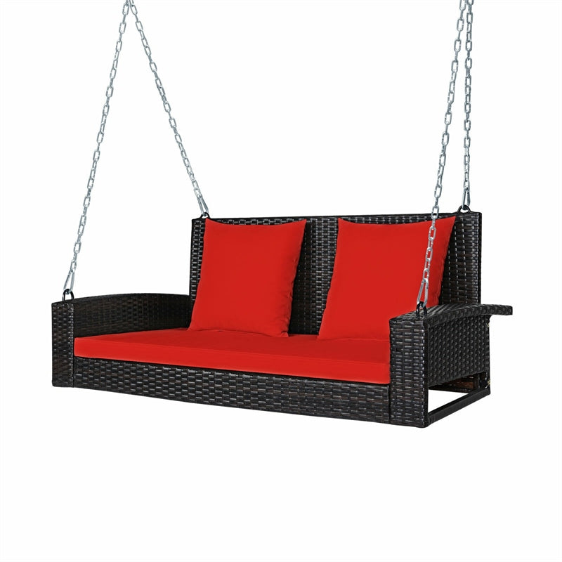 2-Person Outdoor Wicker Hanging Porch Swing Bench with Seat & Back Cushions