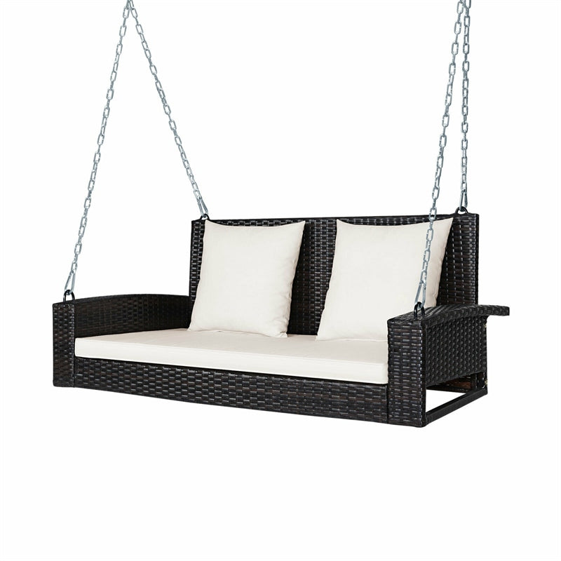 2-Person Outdoor Wicker Hanging Porch Swing Bench with Seat & Back Cushions