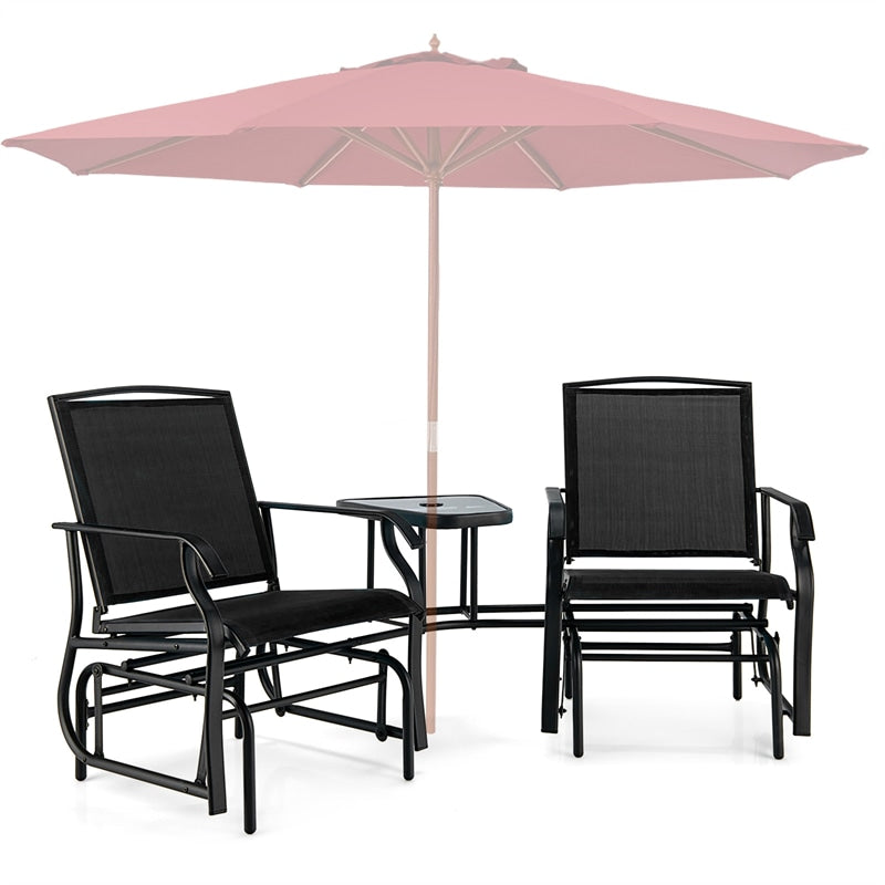 Bestoutdor Double Glider Chairs with Glass Table & Umbrella Hole, Steel Frame Patio 2-Person Rocking Chairs Breathable Fabric