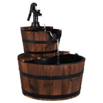 2-Tier Rustic Wood Barrel Water Fountain with Hand Pump, Outdoor Barrel Water Feature for Garden Patio Backyard Decor