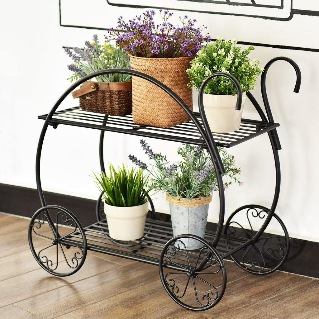 2-Tier Parisian Style Metal Garden Plant Stand with 4 Decorative Wheels - Bestoutdor