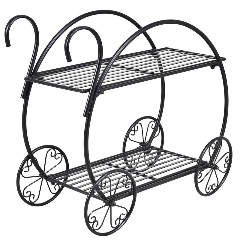 2-Tier Parisian Style Metal Garden Plant Stand with 4 Decorative Wheels - Bestoutdor