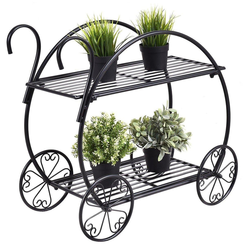 2-Tier Parisian Style Metal Garden Plant Stand with 4 Decorative Wheels - Bestoutdor