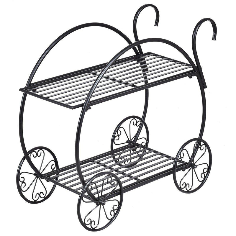 2-Tier Parisian Style Metal Garden Plant Stand with 4 Decorative Wheels - Bestoutdor