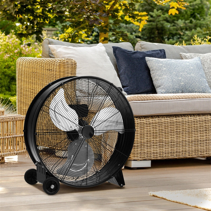 24" High-Velocity Industrial Drum Fan 3-Speed Portable Heavy-Duty Fan with Aluminum Blades & Built-in Wheels