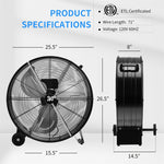 24" High-Velocity Industrial Drum Fan 3-Speed Portable Heavy-Duty Fan with Aluminum Blades & Built-in Wheels