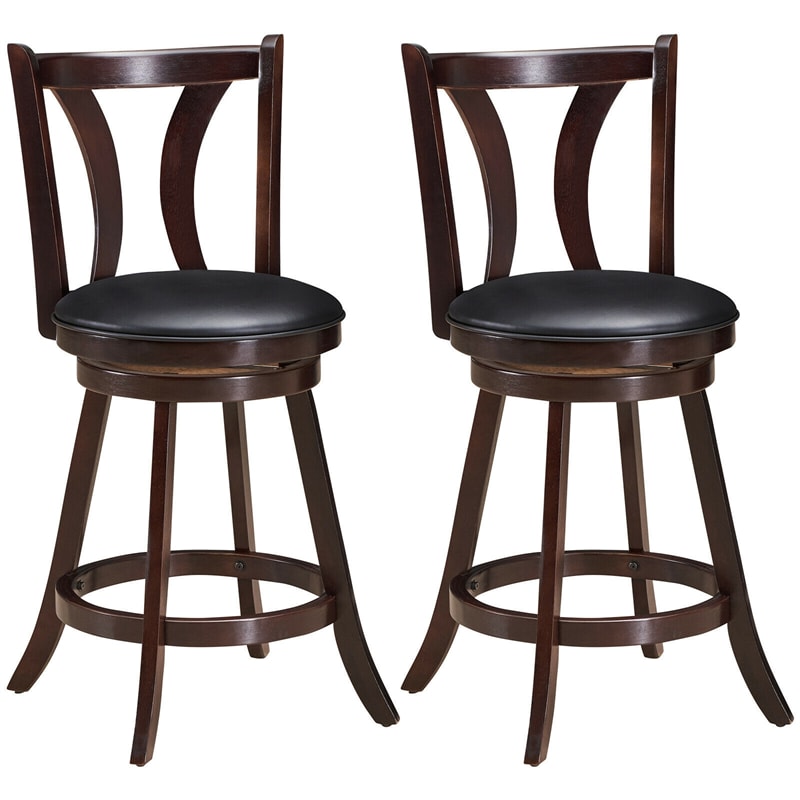 24" Swivel Bar Stools Set of 2 Counter Height Bar Stools with Leather Padded Seat & Solid Rubber Wood Legs, High Back Dining Chairs for Pub Kitchen