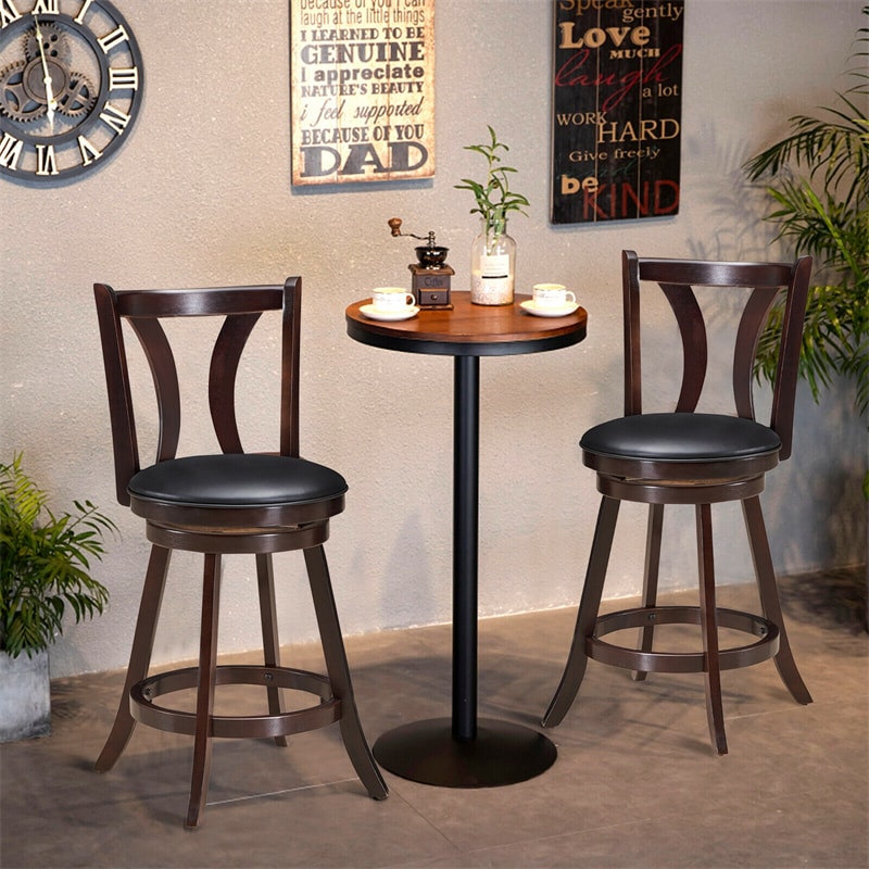 24" Swivel Bar Stools Set of 2 Counter Height Bar Stools with Leather Padded Seat & Solid Rubber Wood Legs, High Back Dining Chairs for Pub Kitchen