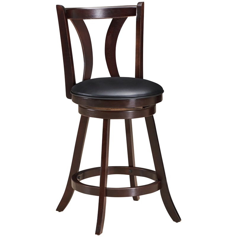 24" Swivel Bar Stools Set of 2 Counter Height Bar Stools with Leather Padded Seat & Solid Rubber Wood Legs, High Back Dining Chairs for Pub Kitchen