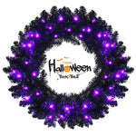 24" Black Halloween Wreath PreLit Artificial Christmas Wreath with 35 Purple LED Lights & Built-in Waterproof Timer for Outdoor Indoor Party Decor