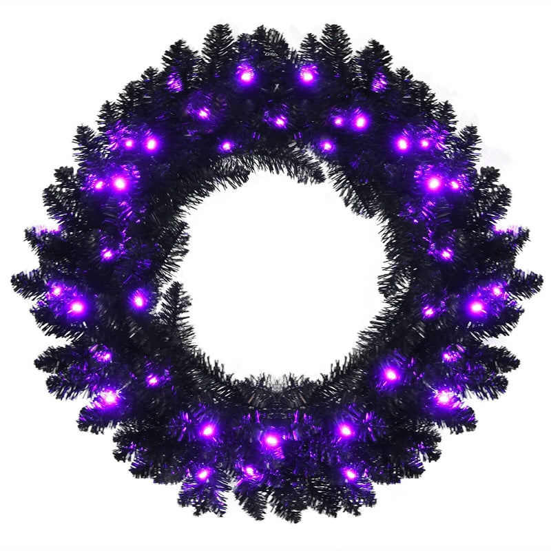 24" Black Halloween Wreath PreLit Artificial Christmas Wreath with 35 Purple LED Lights & Built-in Waterproof Timer for Outdoor Indoor Party Decor