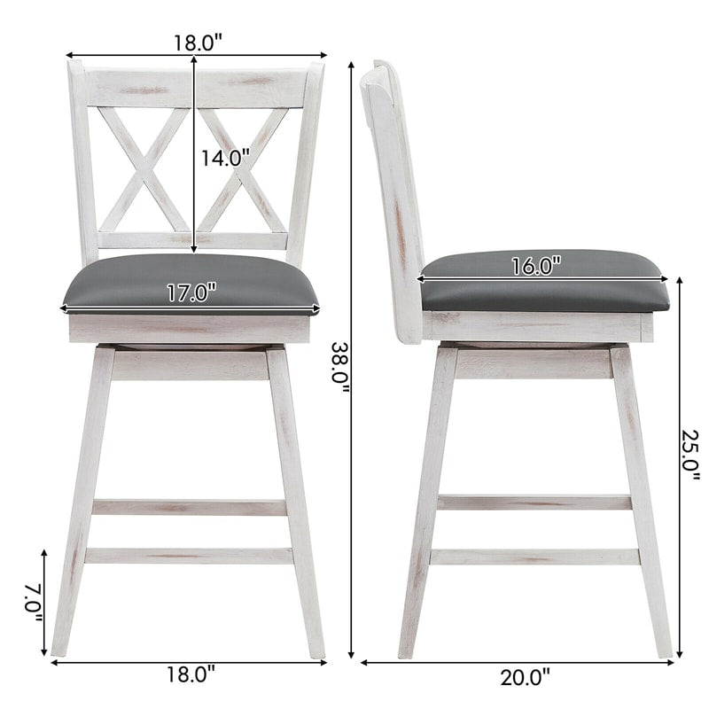 Swivel Bar Stools Set of 2, Rubber Wood 25" Counter Height Dining Chairs with Upholstered Cushions, Ergonomic Backrests & Footrests