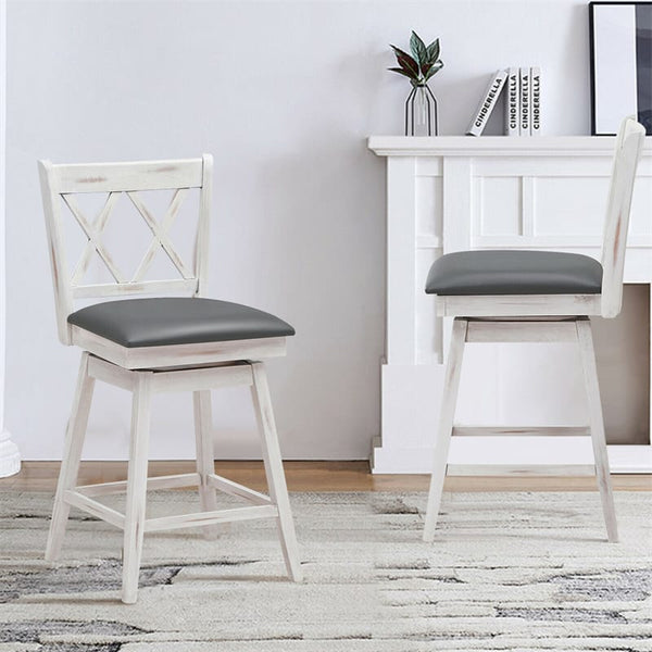 Swivel Bar Stools Set of 2, Rubber Wood 25" Counter Height Dining Chairs with Upholstered Cushions, Ergonomic Backrests & Footrests