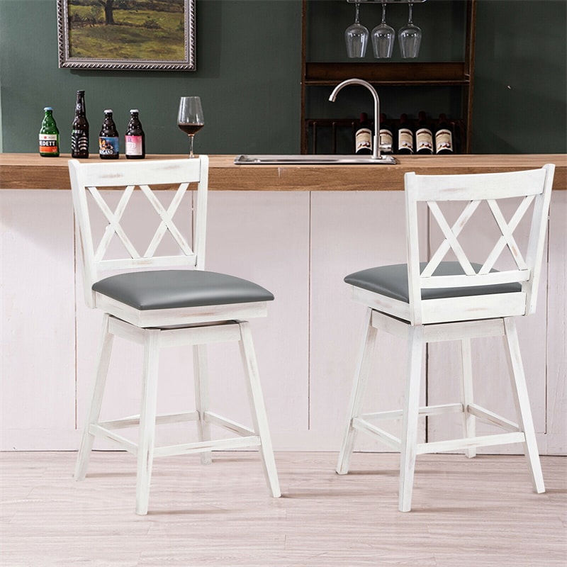 Swivel Bar Stools Set of 2, Rubber Wood 25" Counter Height Dining Chairs with Upholstered Cushions, Ergonomic Backrests & Footrests