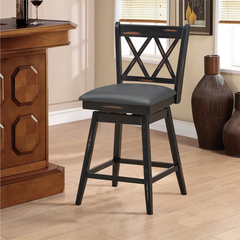 Swivel Bar Stools Set of 2, Rubber Wood 25" Counter Height Dining Chairs with Upholstered Cushions, Ergonomic Backrests & Footrests