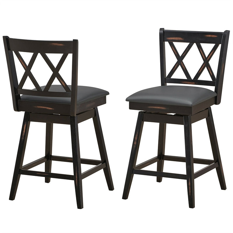 Swivel Bar Stools Set of 2, Rubber Wood 25" Counter Height Dining Chairs with Upholstered Cushions, Ergonomic Backrests & Footrests