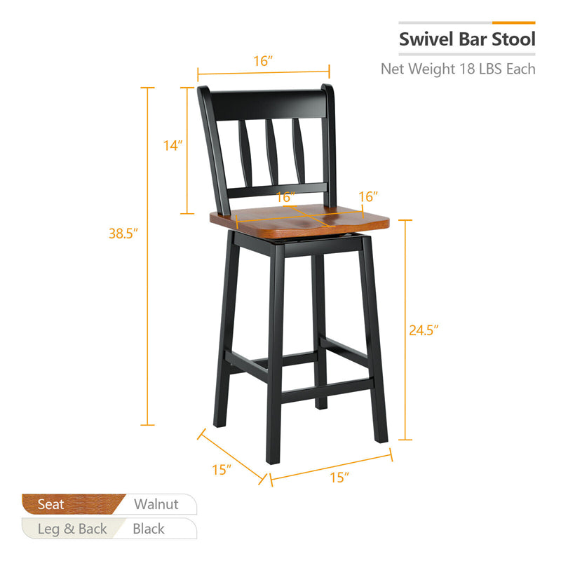 24.5" Swivel Bar Stools Set of 2 Solid Rubber Wood Counter Height Bar Chairs with Footrests for Kitchen Counters Pub