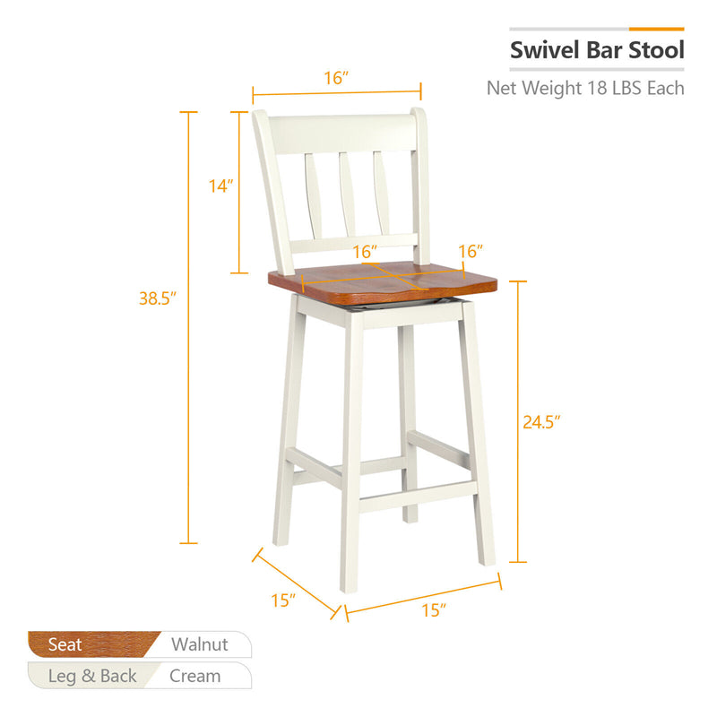 24.5" Swivel Bar Stools Set of 2 Solid Rubber Wood Counter Height Bar Chairs with Footrests for Kitchen Counters Pub