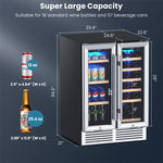 24" Dual Zone Wine and Beverage Cooler Refrigerator Freestanding Undercounter Drink Fridge for 18 Bottles & 57 Cans with Glass Door & Temp Control